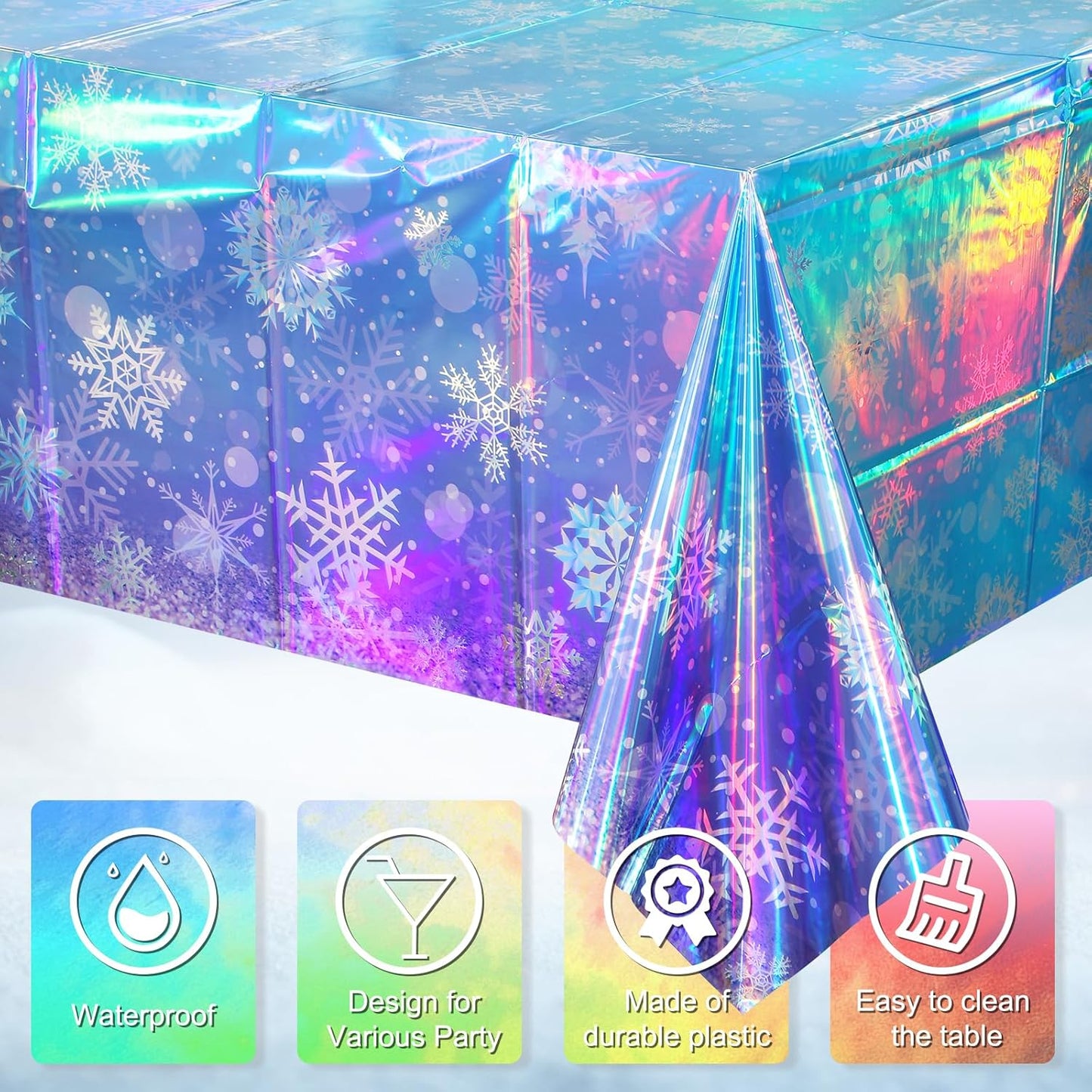 Skiennix Iridescent Winter Snowflake Tablecloths - Holographic Blue & Purple | 54x108 Inch, 3 Pack