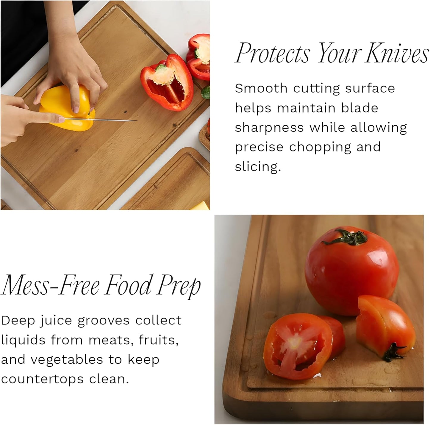 Sango Acacia Cutting Board Set - 3-Piece Wood Chopping Boards with Juice Grooves & Stand | Non-Toxic & Reversible