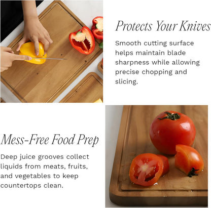 Sango Acacia Cutting Board Set - 3-Piece Wood Chopping Boards with Juice Grooves & Stand | Non-Toxic & Reversible