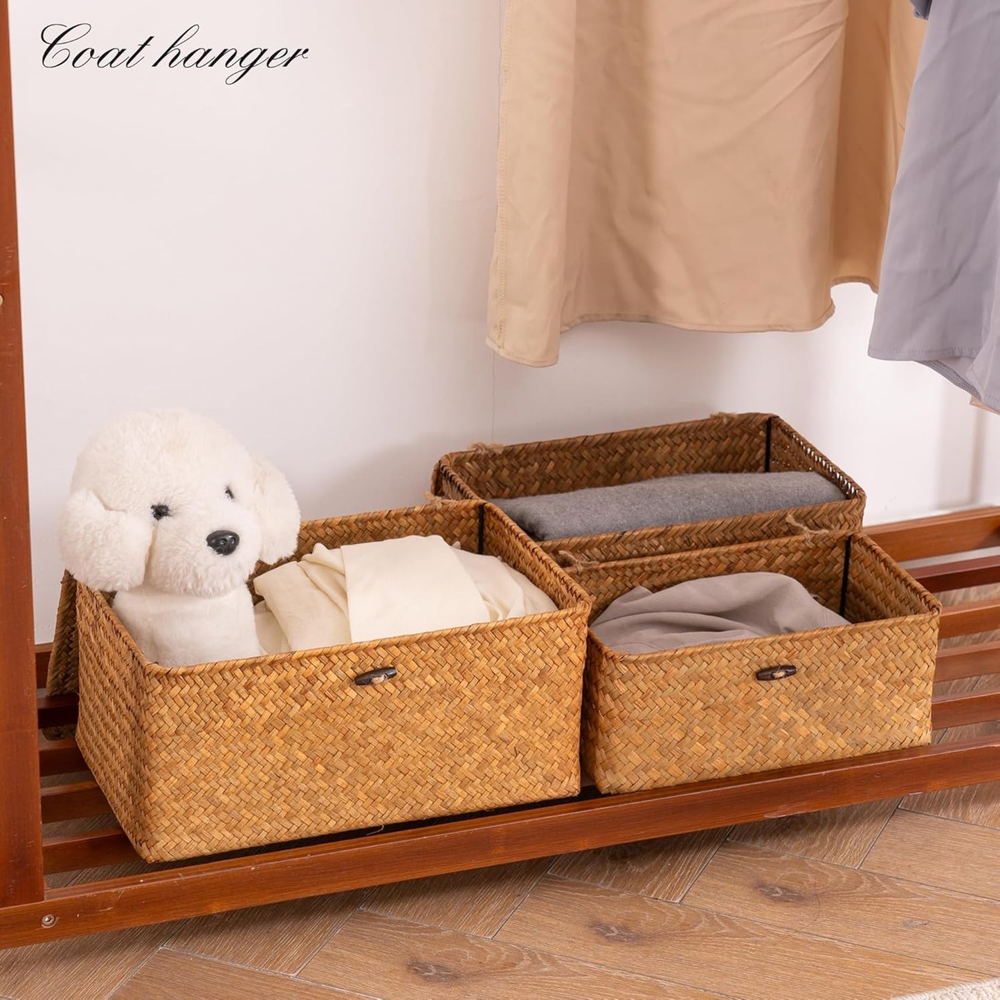 Nonam Storage Basket Set - Natural Seagrass Bins with Lids for Boho Home Organization | Set of 3 Rectangular Baskets