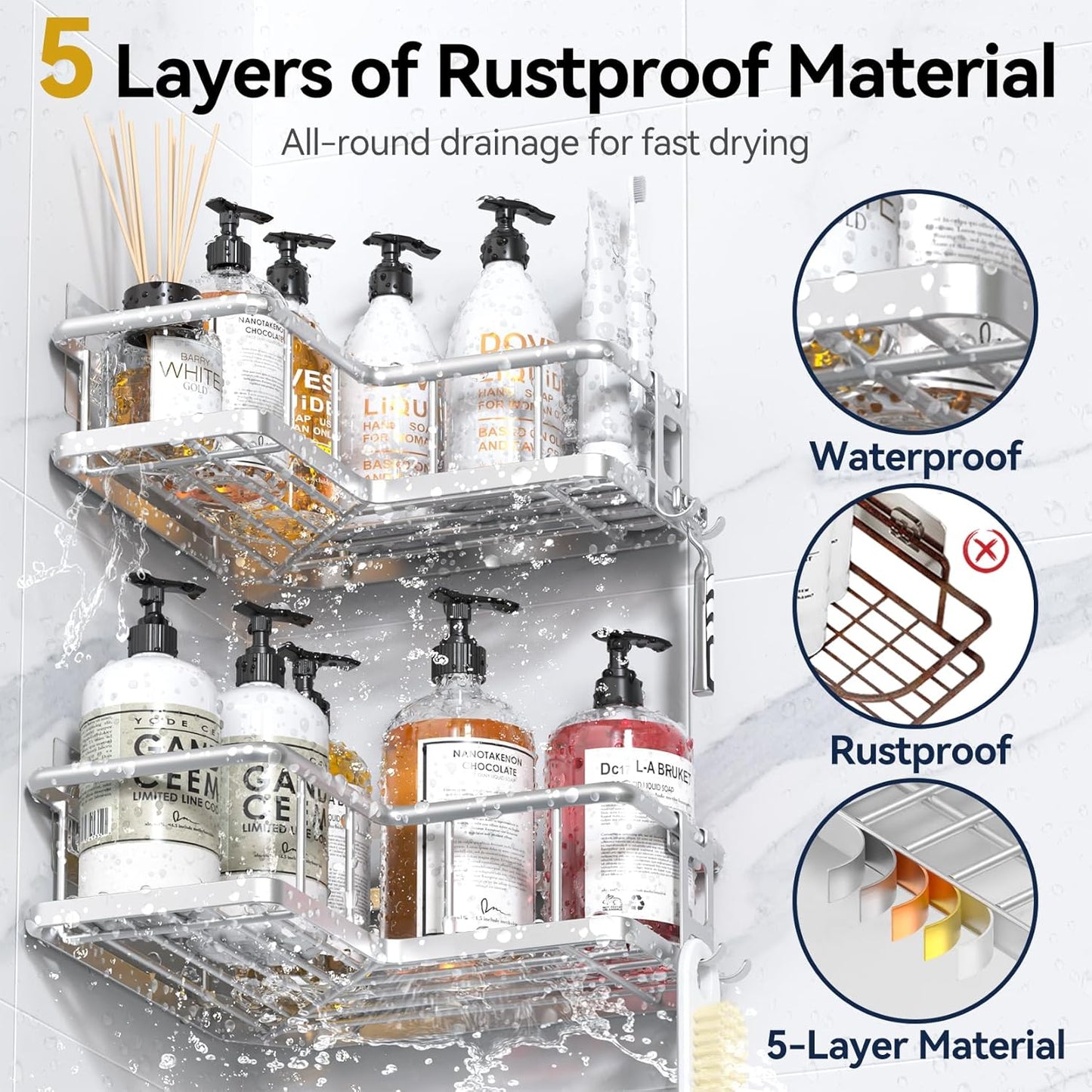 YASONIC Corner Shower Caddy Organizer - Rustproof Bath Shelves with Soap Holder & 4 Hooks | Large Capacity, Silver (3-Pack)