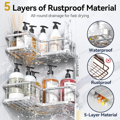 YASONIC Corner Shower Caddy Organizer - Rustproof Bath Shelves with Soap Holder & 4 Hooks | Large Capacity, Silver (3-Pack)