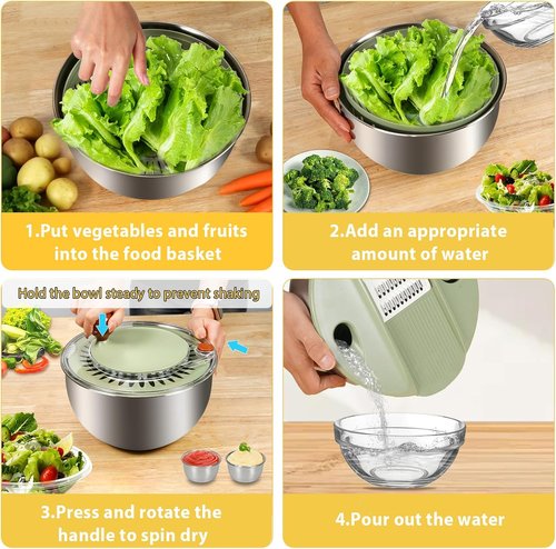 KITHELP Stainless Steel Salad Spinner - Large 5.3Qt Bowl with Strainer & 5 Blades for Easy Salad Prep