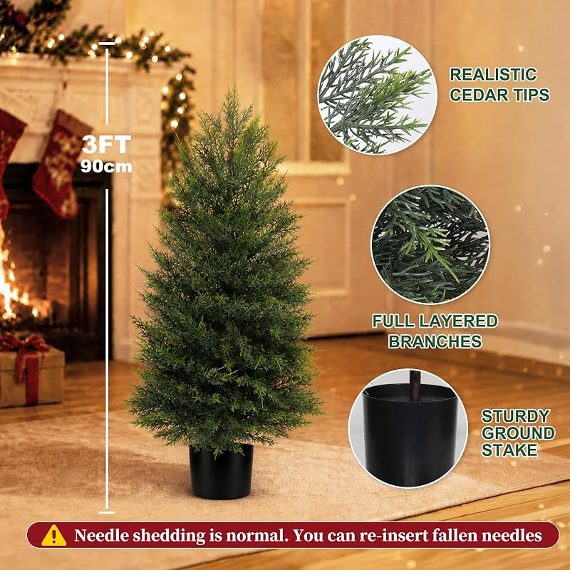 2 Pack 3ft Artificial Cedar Topiary Trees for Outdoor Front Porch - Realistic Faux Cedar