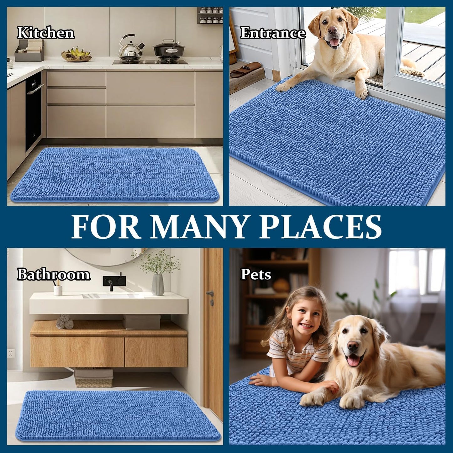 OLANLY Dog Door Mat - Absorbent Non-Slip Washable Doormat for Muddy Paws | 50x30 Cornflower Blue