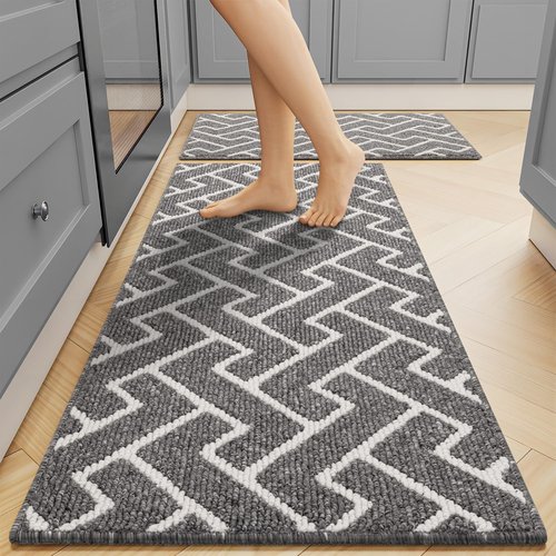 Kitchen Rugs Sets of 2-Colorful Non Slip Kitchen Mats for Floor-Thick,Moroccan Style Kitchen Decor Floor Mat Runner Carpet for Hallways Entryway Laundry Washable(20"x32"+20"x48",Grey)