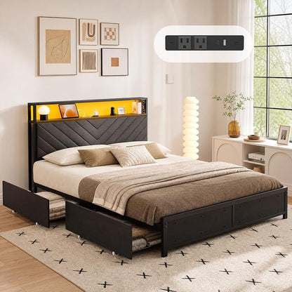 Full Size Bed Frame with Headboard, LED Light & Charging Station – Black (Variation: Black+Full)