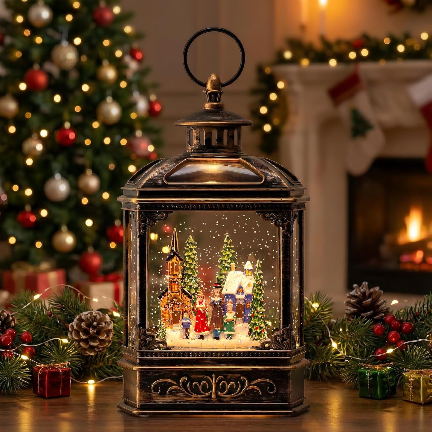VISFLAIR Musical Snow Globe Lantern - Lighted Church Carolers Christmas Decoration | Battery Operated & USB Powered