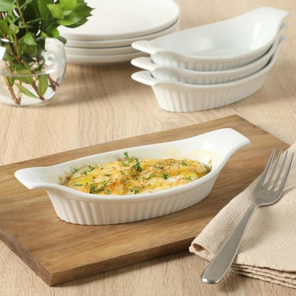 Gibson Home Gracious Dining Oval Au Gratin Baking Dishes - 4-Piece Set, 9 oz Ceramic Casserole Bowls, White