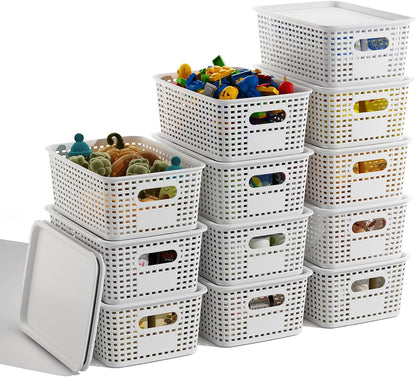 White Plastic Storage Baskets - 12 Pack Stackable Bins with Lids for Organizing | Cute Decorative Containers