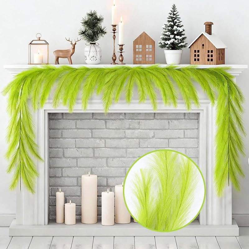 6 Ft Lime Green Pampas Grass Wreath Garland - Christmas Decor (Variation: Lemon Green+6 Ft)