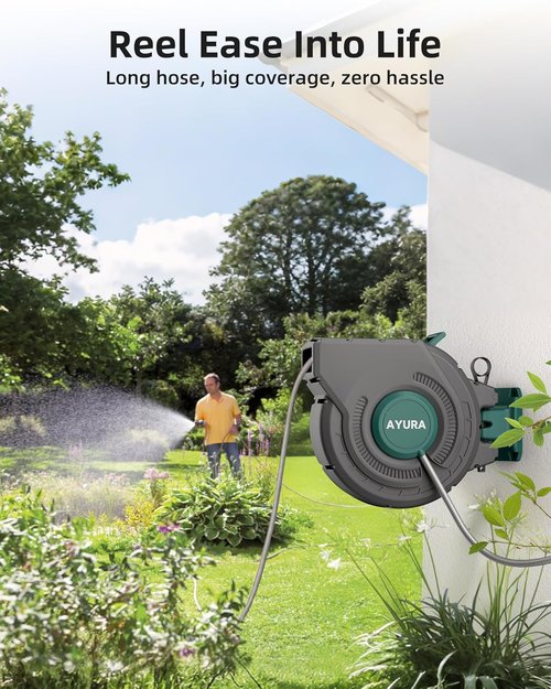 AYURA Retractable Garden Hose Reel - 100 ft x 1/2 Inch, Heavy Duty with Kink-Free Rewind & Locking Feature
