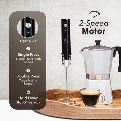 Zulay Kitchen Rechargeable Milk Frother Handheld - Lux 4 Whisks, Powerful 2-Speed Motor, Waterproof, 2000mAh Battery - Drink Mixer for Latte, Cappuccino, Matcha & Protein Powder - Jet Black