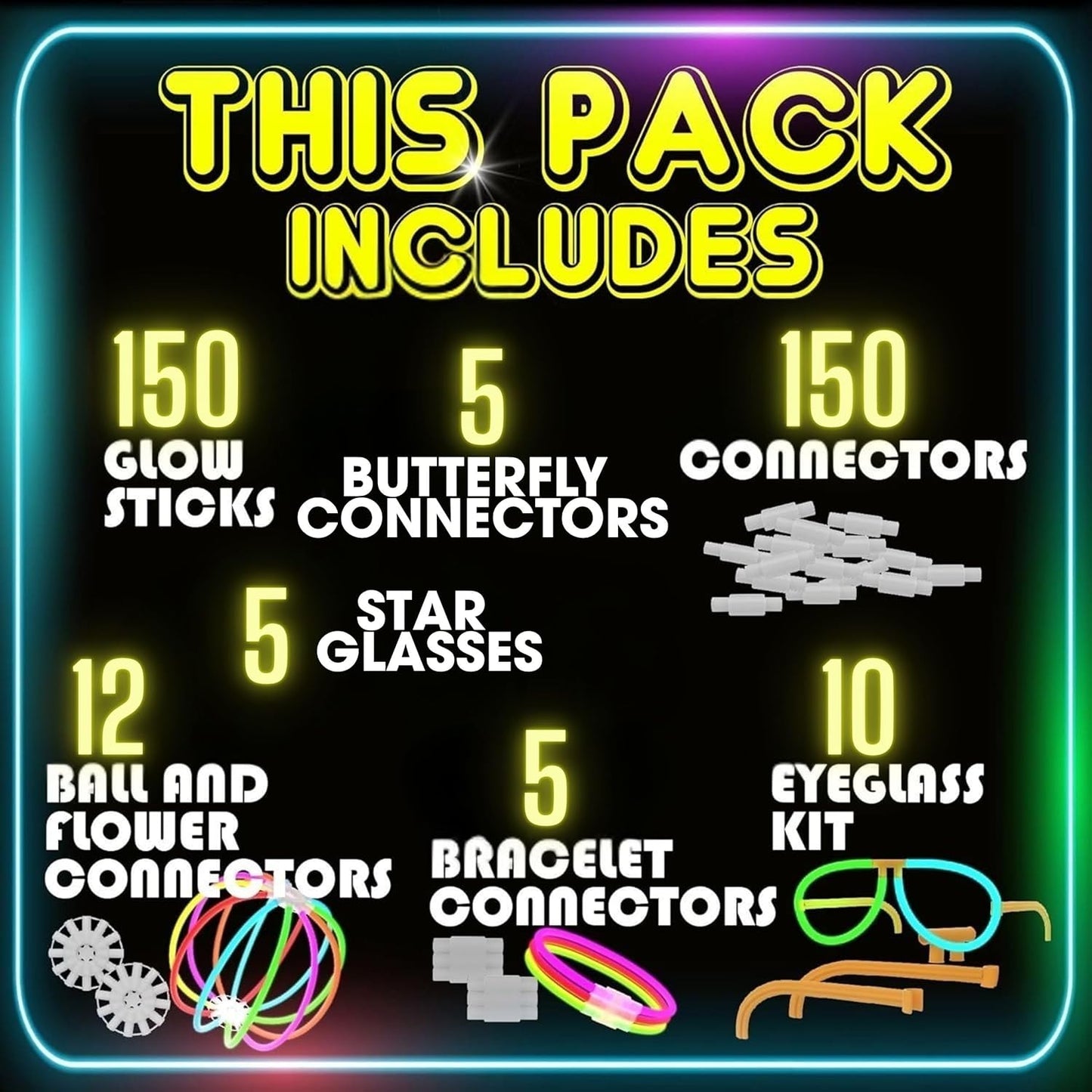 PartySticks Ultra Bright Glow Sticks - Glow in The Dark Party Supplies with Glasses, Bracelets & Connectors | Perfect for Halloween & 4th of July Celebrations
