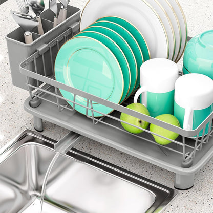 Skiennix Small Dish Drying Rack - Space-Saving Kitchen Organizer with Cutlery Holder | 11''W x 15''L, Gray