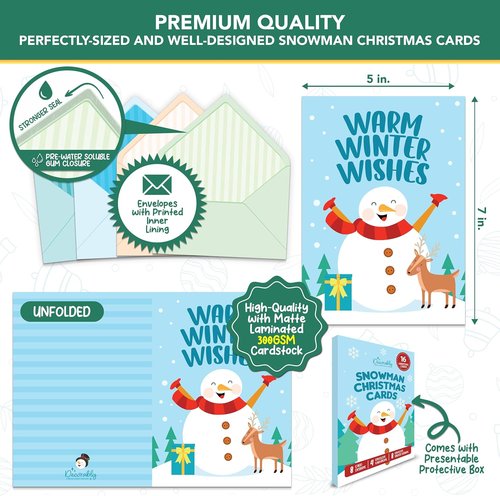 Decorably Christmas Cards - 16 Pack 5x7in Snowman Designs with Envelopes & Stickers for Holiday Greetings