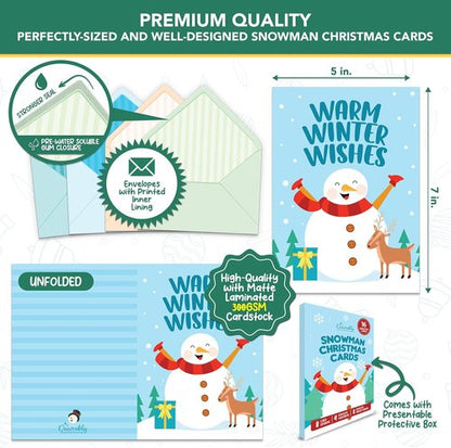 Decorably Christmas Cards - 16 Pack 5x7in Snowman Designs with Envelopes & Stickers for Holiday Greetings