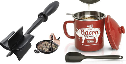 Skiennix Black Meat Chopper & 46oz Red Bacon Grease Container - Efficient Kitchen Tools