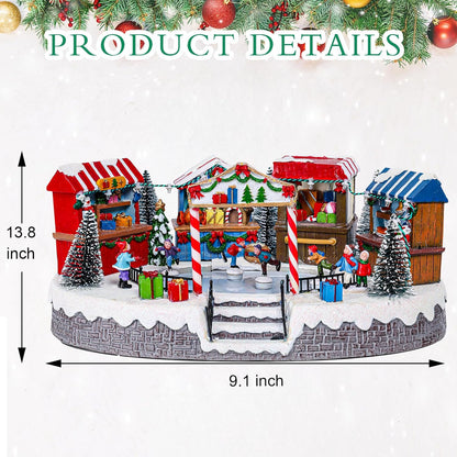 Bdor Christmas Market Village Scene - LED Lights & Musical Animation | 8.3 x 5.9 x 5.9 Inches Holiday Décor