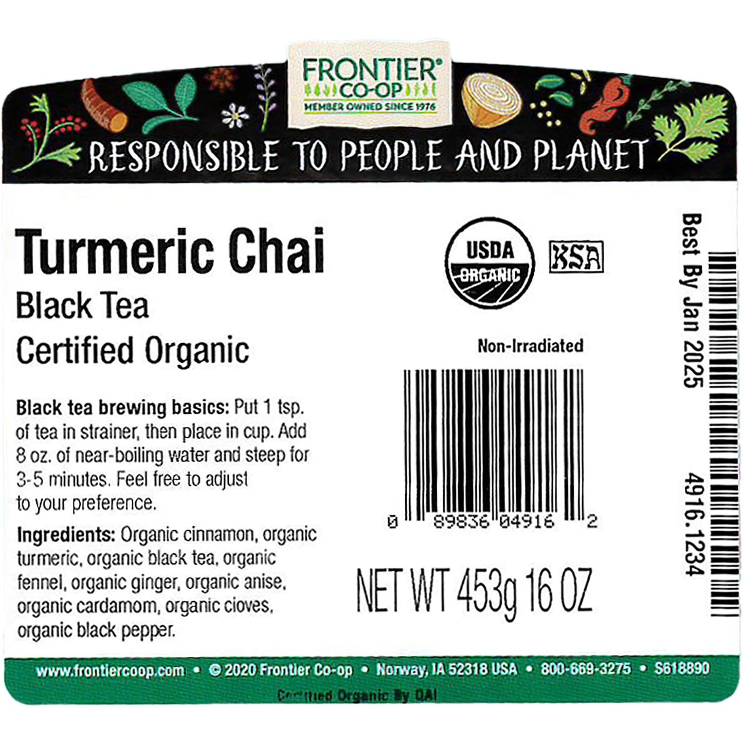 Frontier Co-op Turmeric Chai Tea, Certified Organic, Kosher | 1 lb. Bulk Bag