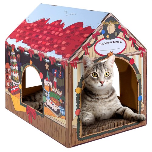 LiBa Cardboard Cat House with Scratch Pad and Catnip, Cat Bed for Indoor Cats, Cat Scratcher, Cat Scratching Board Cat Gifts for Cats, Winter Market