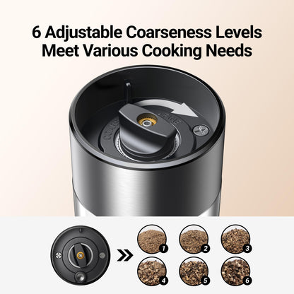 ThermoMaven Electric Salt and Pepper Grinder Set, 110ml Larger Rechargeable Automatic Salt and Pepper Mill Grinder with 6 Adjustable Coarseness, Electric Salt and Pepper Shakers, LED, 2 Packs, Silver