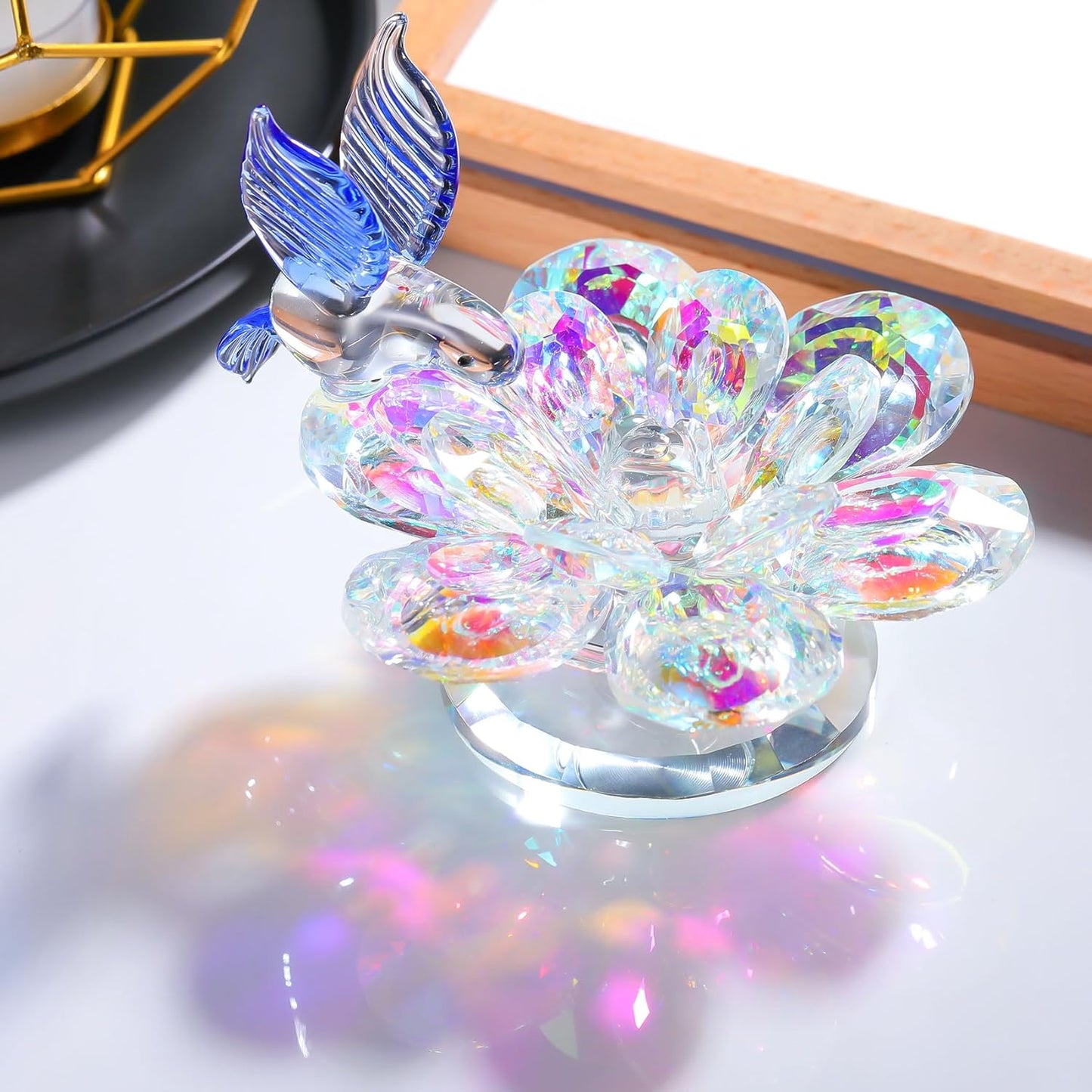Movdyka Crystal Figurine - Blue Hummingbird Lotus Flower Decor | Sparkling Glass Ornament for Home
