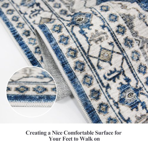 Hallway Washable Runner Rug - Vintage Soft Non-Slip Indoor Carpet for Entryway | 2x7 Blue