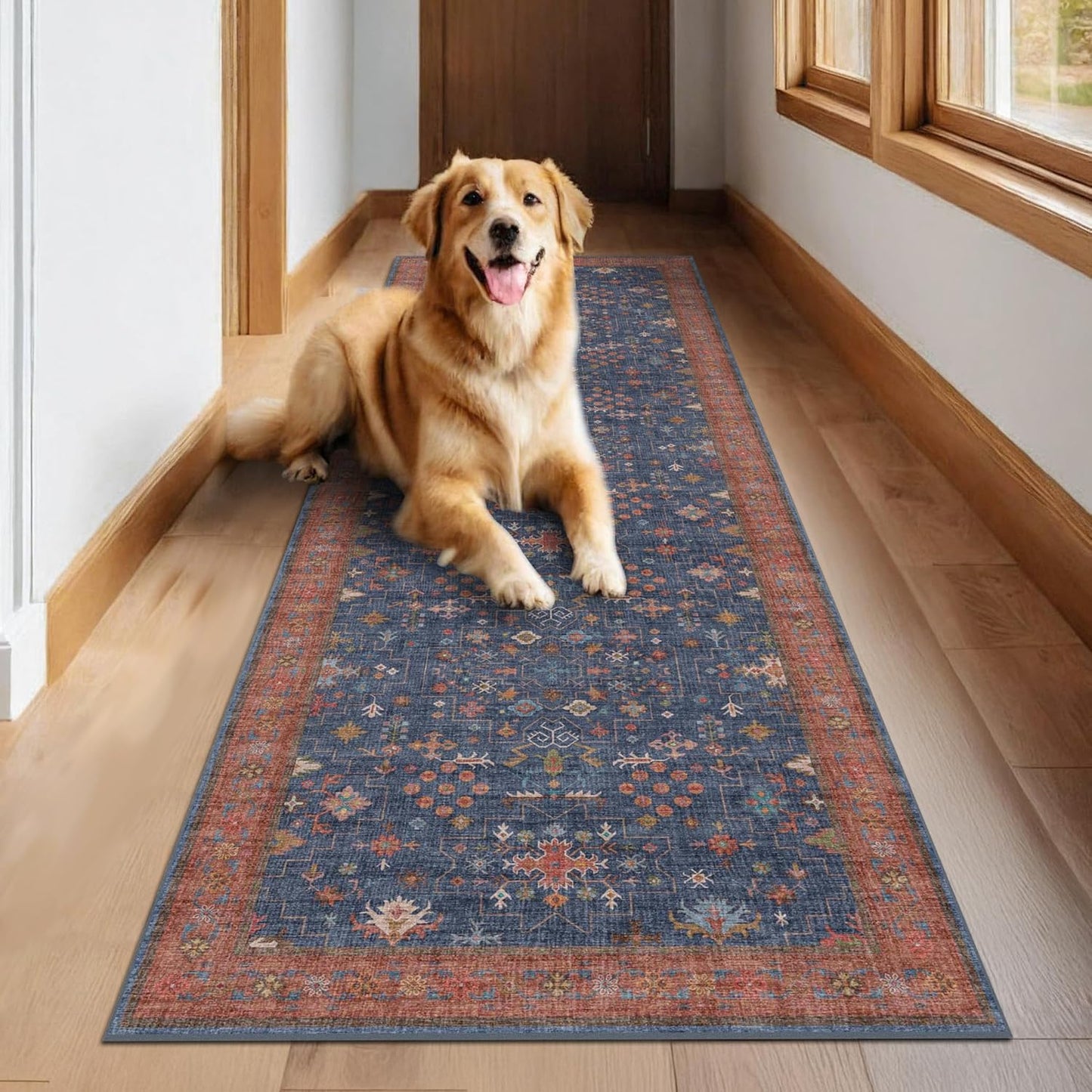 Regine Switzerland Washable 10 ft Long Hallway Runner Rug - Navy Blue, Pet-Friendly & Non-Slip Design