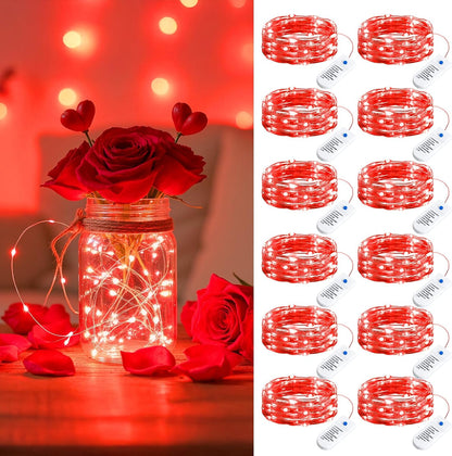 Minetom 12 Pack Red Christmas Lights - 7ft Battery Operated Fairy Lights | 20 LED Waterproof Twinkle Lights for Valentine's Day Decor