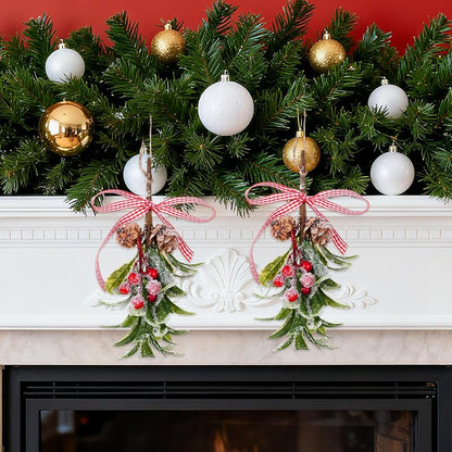 Mistletoe Christmas Decor Hanging with Plaid Bow, 2 Pcs, Red Berries – 10in Aesthetic Kissing Ball (Variation: Green+2)