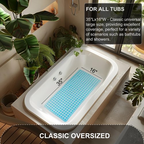 TEESHLY Bath Mat for Tub & Shower, Non Slip Soft Bathmat with Suction Cups & Drain Holes, Machine Washable Bathtub Floor Liner Mats for Bathroom, 35x16 Inch, Clear Blue