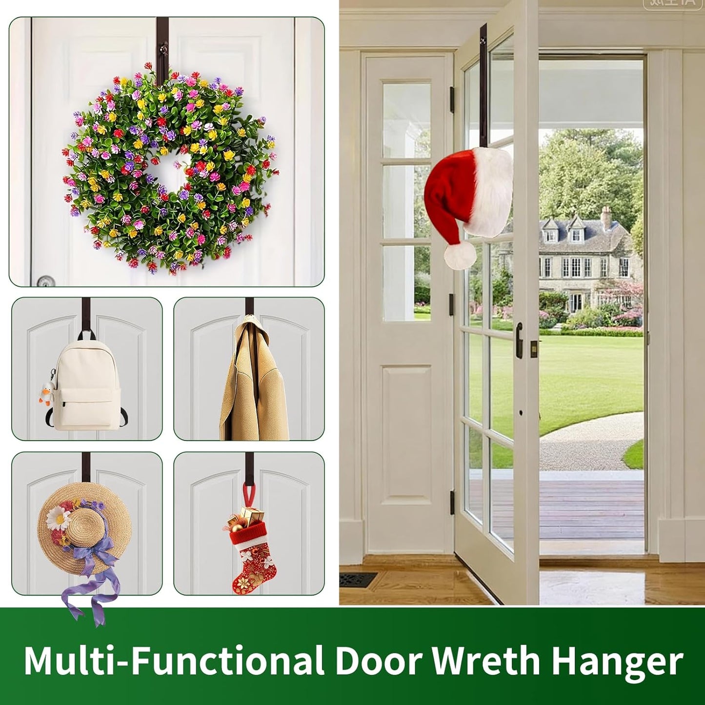 Skiennix Adjustable Metal Wreath Hanger - Holds Up to 20lbs | 12-20" Over The Door Hook for All Seasons (Bronze)