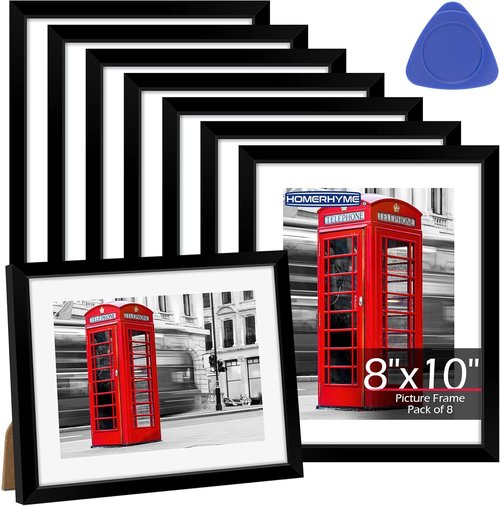 HOMERHYME 8x10 Picture Frame Set of 8 - Black Tabletop & Wall Display Frames | Fits 5x7 with Mat or 8x10 Without