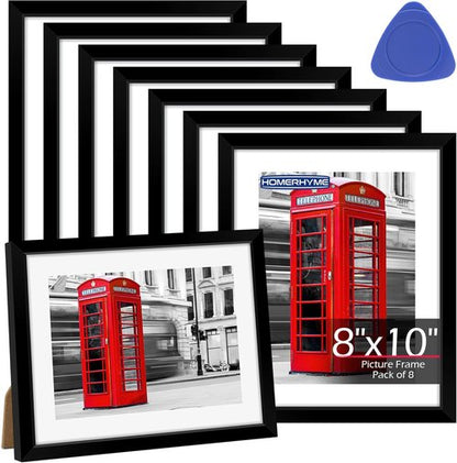 HOMERHYME 8x10 Picture Frame Set of 8 - Black Tabletop & Wall Display Frames | Fits 5x7 with Mat or 8x10 Without