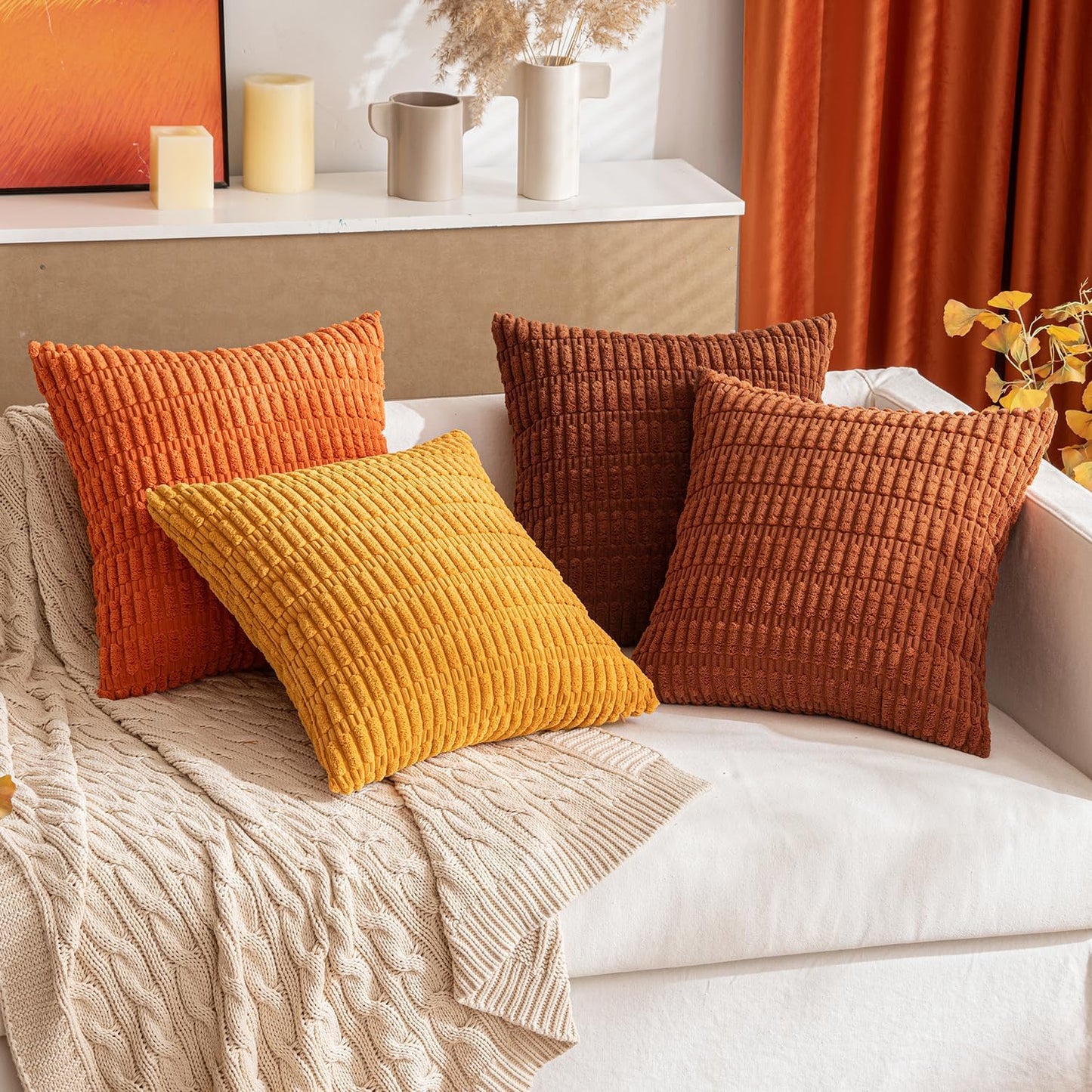 MIULEE Decorative Pillow Covers - Pack of 2 Soft Dark Rust Corduroy | 18x18 Inch Boho Striped Design for Modern Farmhouse Decor