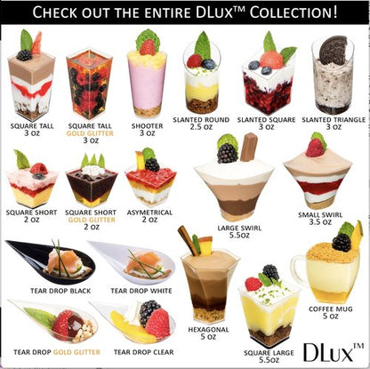 DLux 100 x 3oz Mini Dessert Cups with Lids & Spoons, Shooter - Clear Plastic Parfait Appetizer Cup - Small Reusable Cups for Tasting Party Desserts Appetizers - With Recipe Ebook