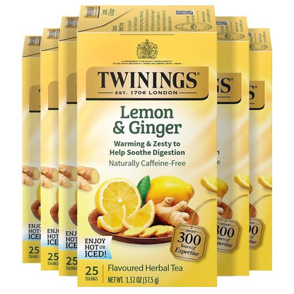 Twinings Lemon & Ginger Herbal Tea Individually Wrapped Bags, 25 Count (Pack of 6), Spicy Ginger, Lemon Peel, & Lemongrass, Naturally Caffeine-Free, Enjoy Hot or Iced, 150 Teabags