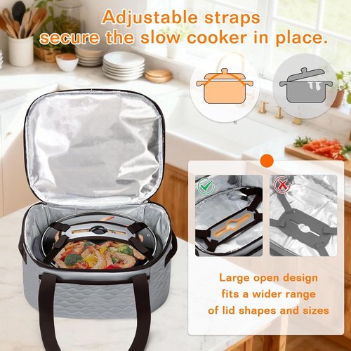 LUXJA Insulated Slow Cooker Carrying Bag - Fits 6-8 Quart Crock Pot | Double Layer Design, Gray