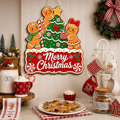 Colorful Merry Christmas Gingerbread Door Sign — 13.3 x 11.6 in Wooden Hanging Wreath