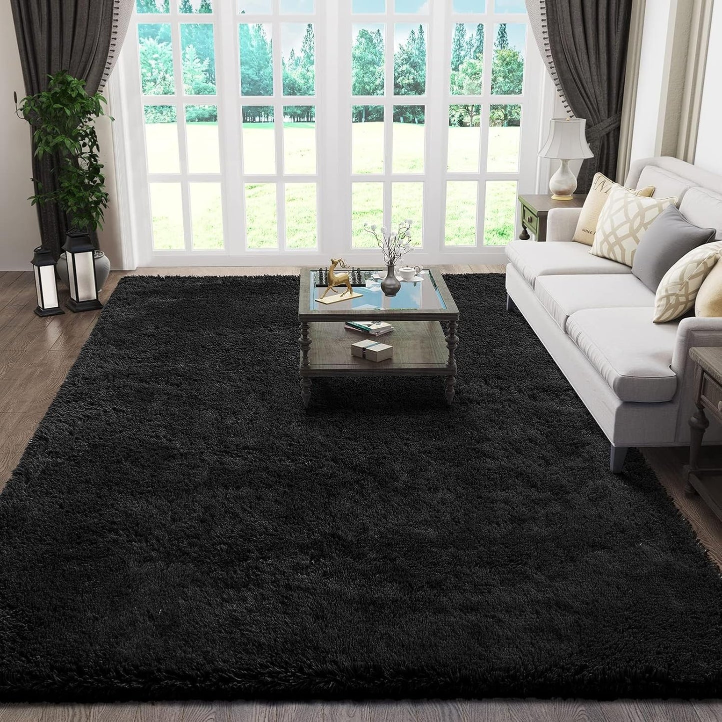Ophanie Black Area Rug - Fluffy Shaggy Furry Carpet for Living Room | Soft 5x8 Size, Kids Decor