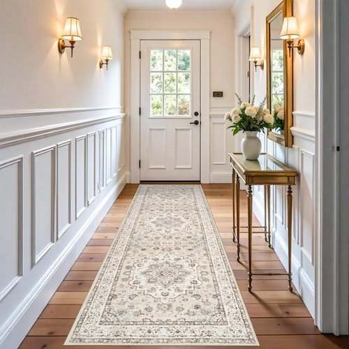 Entryway Washable 3x10 Runner Rug: Oriental Low Pile Rugs for Kitchen Hallway Distressed Stain Resistant Carpet for Bedroom Medallion Non Shedding Floor Mat For Bathroom Dining Room (3x10,Cream/Beige)