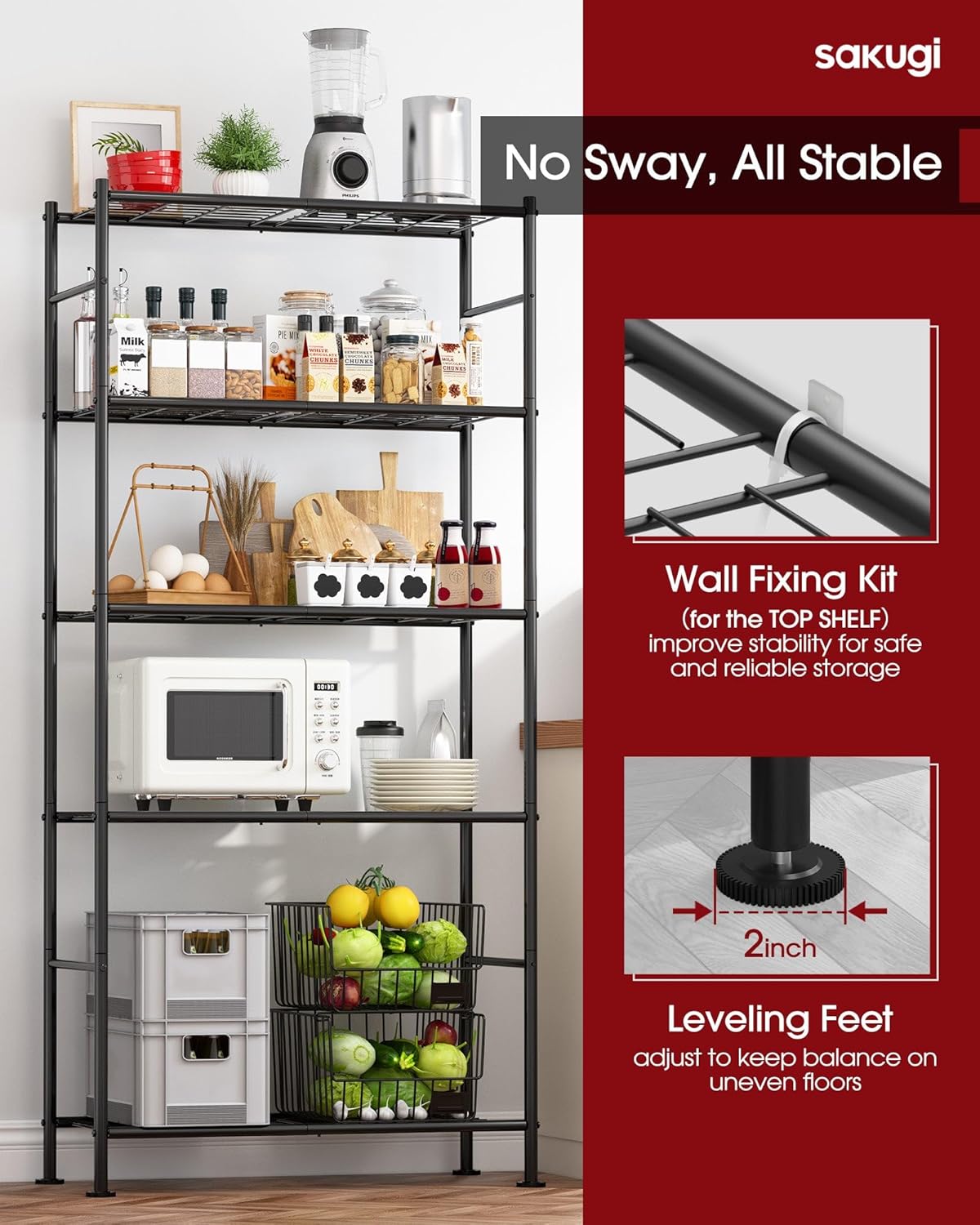 Sakugi Storage Shelves - Heavy Duty 5-Tier Shelf Organizer for Garage, Kitchen & Pantry | 33"W x 12.6"D x 72"H, Black