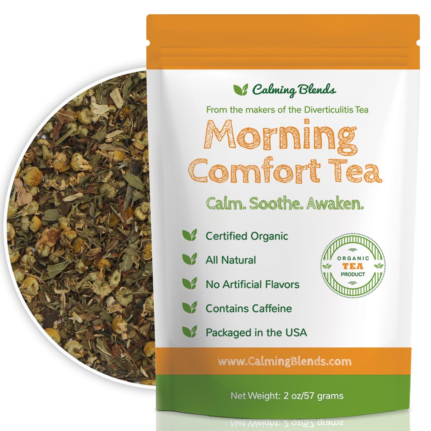 Calming Blends Morning Comfort Tea | Ginger Root, Chamomile, Peppermint and Green Earl Grey, Organic Tea | 36 cups