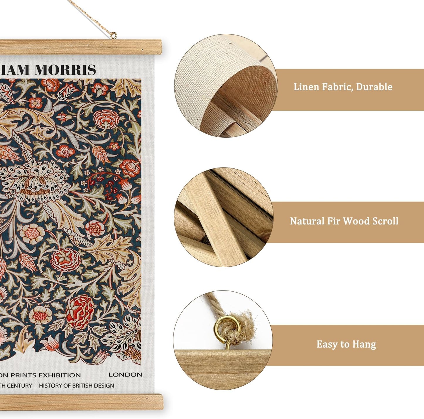 MIDEFINCH Vintage Floral Scroll Poster - Retro Botanical Wall Art with Wooden Hanger | 16x23 Inch