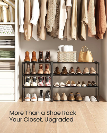 SONGMICS 3-Tier Shoe Rack - Stackable Metal Organizer for 8-12 Pairs | Black, 11.8 x 26.8 x 21.7 Inches