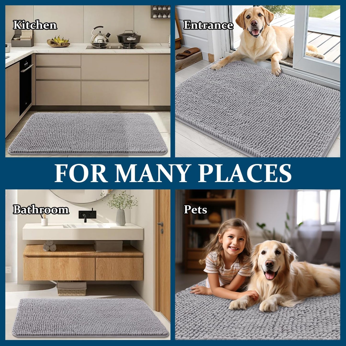 OLANLY Dog Door Mat - Absorbent Non-Slip Mud Mat for Dogs | 59x24 Inches, Quick Dry Chenille, Light Grey