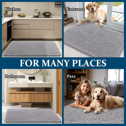 OLANLY Dog Door Mat - Absorbent Non-Slip Washable Chenille Mat for Muddy Paws | 24x16 Light Grey