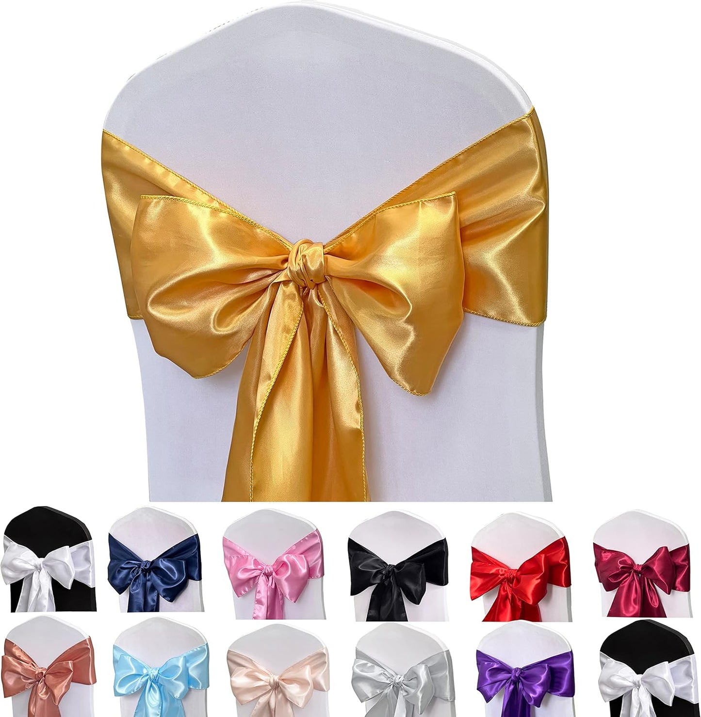 Skiennix Satin Chair Sashes - 50PCS Elegant Ribbon Ties for Wedding & Event Decor | Gold