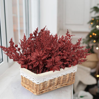 12 Pcs Glitter Christmas Picks Decoration Spray Pine - Burgundy (Variation: Burgundy)